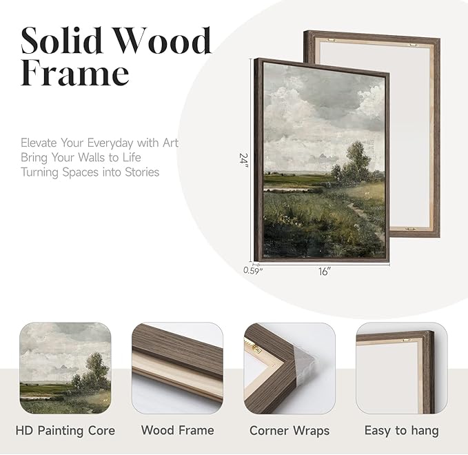 3 Piece Framed Vintage Canvas Wall Art Set, Large Green Floral and Tree Landscape Farmhouse Painting Print, French Country Retro Flower Artwork Decor for Living Room, Bedroom and Fireplace