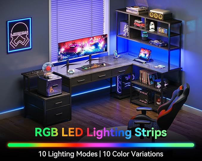 AODK 79 inch L Shaped Desk with 5 Drawers, Reversible L Shaped Gaming Desk with LED Light & 2 Power Outlets, Computer Desk with Storage Shelves for Home Office, Grey Oak