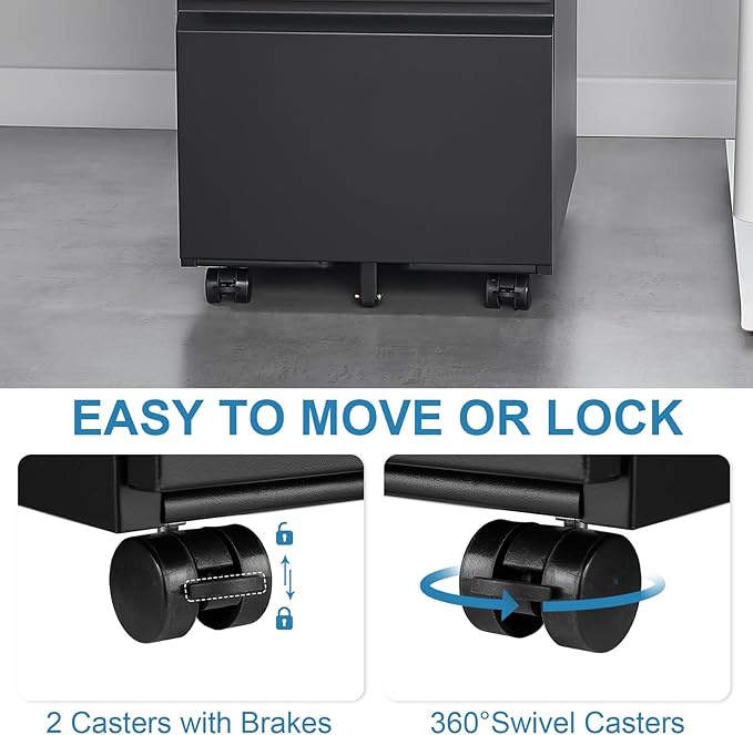 [Fully Assembled] 2 Drawer Lockable Metal File Cabinet on Wheels, Mobile Under Desk Filing Cabinet with Printer Stand, Home Office Storage Cabinet (Black, 2 Drawer)