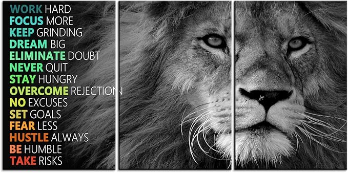Inspirational Canvas Wall Art Lion 3 Pieces Poster Motivational Positive Wall Art Quotes Success Canvas Artwork Picture Print Framed for Home Office Living Room Gym Wall Decor [72''Wx 36''H]