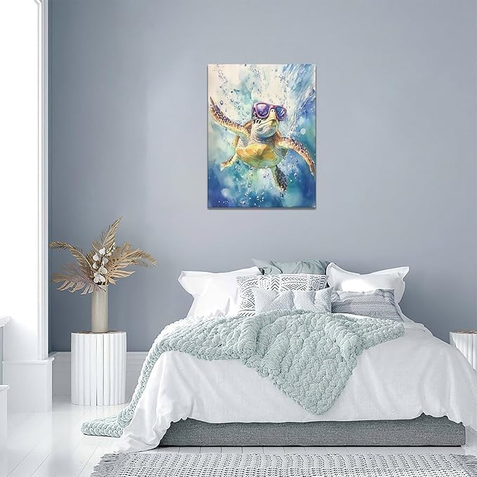 Sea Turtle Bathroom Decor Funny Turtle Ocean Bathroom Wall Art Sea Turtle Nautical Pictures Prints Turtles Gift Painting Sea Turtles Framed Artwork for Bedroom Living Room 12"x16"