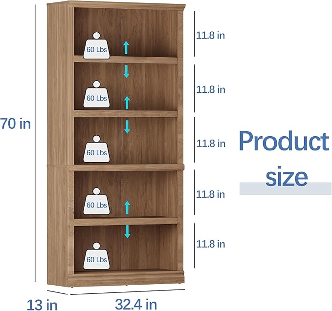 blini Bookshelf and Bookcase Set of 2, Wooden Oak Double Wide Large Bookshelves 5 Tier Tall Bookshelf with Storage Cabinets for Living Room, Home Office, Library (Oak, 5-Shelf)