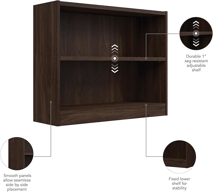Bush Home Universal Small 2 Shelf Bookcase in Black Walnut, Low Storage and Display Bookshelf for Home Office or Living Room Organization