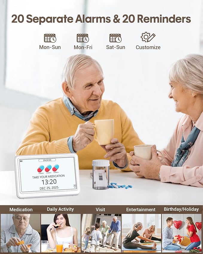 Digital Clock with Date and Day of Week, Dementia Clocks Battery Operated Alarm Clock with 20 Alarms and Medicine Reminders, 7" Large Display Desk Clock for Elderly, White (With Rechargeable Battery)
