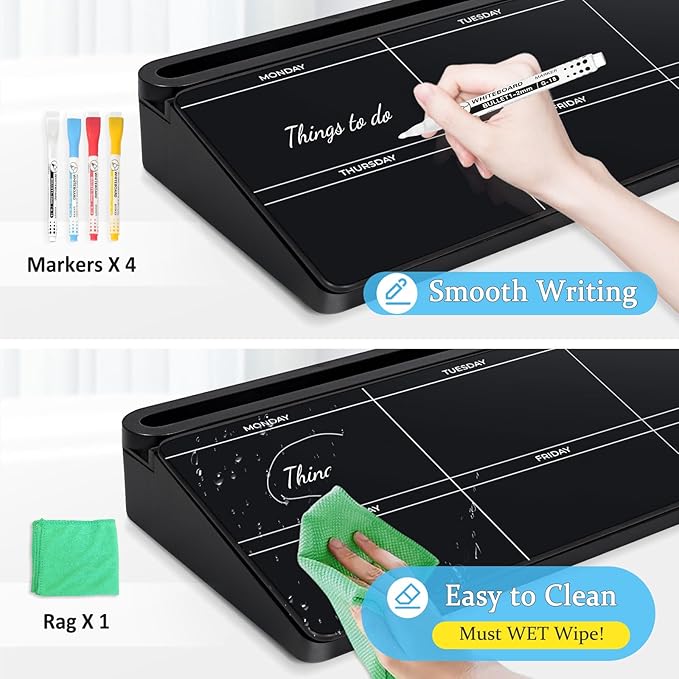 DOLLAR BOSS Glass Desk Whiteboard Calendar Small Dry Erase Board Desktop White Board with Storage Drawer Computer Keyboard Stand Desk Organizer, Weekly Calendar, Black