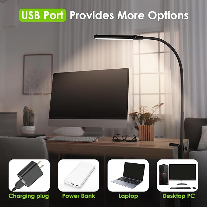 ShineTech LED Desk Lamp with Clamp, Clip On Desk Lamp for Home Office, 4000K Natural White & 11 Brightness Level, Flexible Gooseneck Architect Desk Light, Eye Caring Reading Lamp with USB Adapter