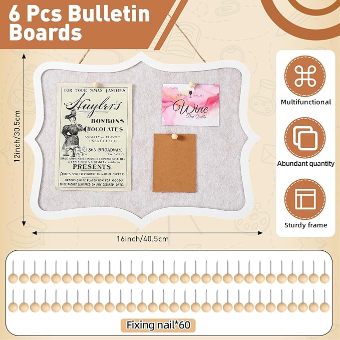 6 Pcs Wooden Felt Bulletin Board, 12 x 16 Inch Cork Boards for Walls Equipped with 60 Push Pins, Decorative Hanging Corkboards for Home, Kitchen, Office, Bedroom, Vision Board Supplies