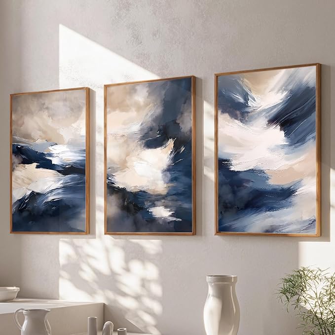 HLNIUC Blue Beige Abstract Wall Art Set of 3(16x24), Navy Brush Stroke Modern Art Decor, Earth Tone Minimalist Shape Framed Painting, Rust Dusty Neutral Prints for Living Room, Bedroom, Office