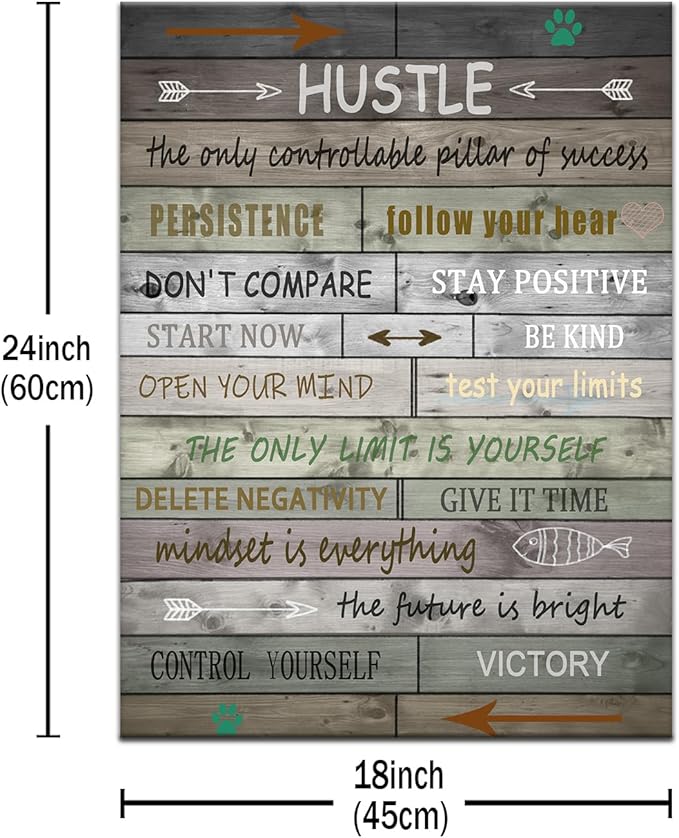 Inspirational Canvas Wall Art Motivational Hustle Sign Painting Retro Picture Poster Positive Motto Office Quotes Print Artwork for Living Room Bedroom Framed Stretched Ready to Hang [18''Wx24''H]