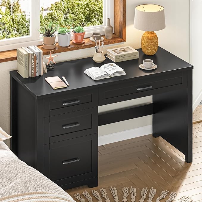 Vabches Farmhouse 47" Executive Desk with File Drawer, Workstation for Home Office, Study, Writing,Wood Computer Desk with 3 Storage Drawers.(Black