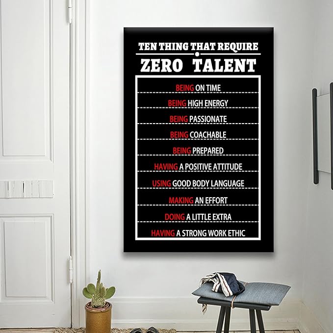 Inspirational 10 Things That Require Zero Talent Wall Decor Entrepreneur Positive Quotes Picture Discipline Poster Print for Living Room Gym Classroom Wall Artwork Stretched and Framed [24''Wx36''H]