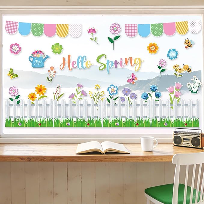 55Pcs Spring Bulletin Board Decorations Set Hello Spring Flower Cutouts Butterfly Bee Floral April Bulletin Board for Classroom Back to School Office Home Chalkboard Door Wall Decor