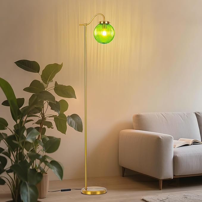 MAYNA Globe Floor Lamp, Emerald Green Round Glass Standing Lamp with Built-in Timer Switch, Gold Tall Vintage Lamps for Living Room Bedroom, 2700K LED Bulb Included