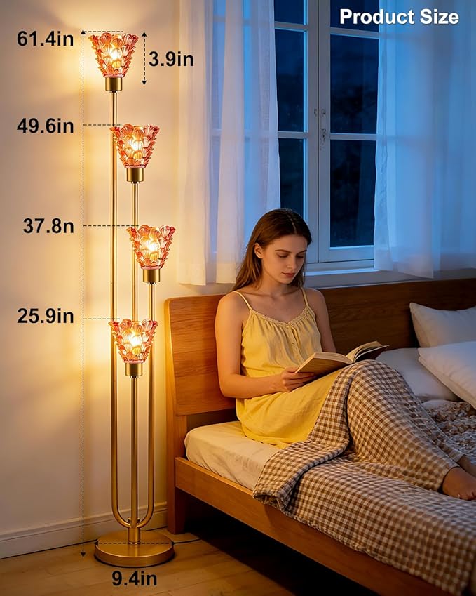 4-Light Modern Glass Floor Lamp, Gold Tall Standing Lamp with Pomegranate Red Flower Glass Shade, Dimmable LED Floor Lamp with Line Control for Living Room Bedroom, Bulb Included