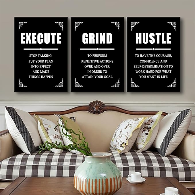 Motivational Canvas Wall Art Execute Grind Hustle Poster Print Inspirational Entrepreneur Positive Quotes Picture Painting Suitable for Office Gym Living Room Wall Decor Easy to Hang [60''Wx28''H]