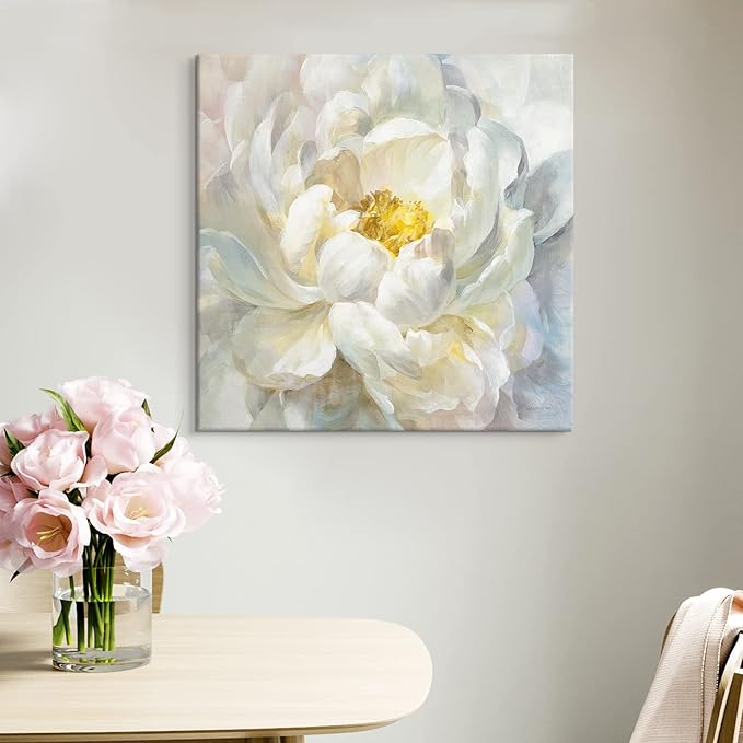 SEVEN WALL ARTS Peony Flower Canvas Wall Art Modern Yellowish Floral Picture Poster Print Abstract White Blossom Artwork for Bedroom Bathroom Kitchen Dining Room Home Decor 24"x24"