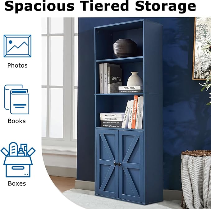Bookshelves and Bookcases with Barn Doors, Farmhouse Bookshelf with Display Shelves, Floor Standing 5-Tier Book Shelf with Storage Cabinet for Home Office, Living Room, Bedroom, Blue