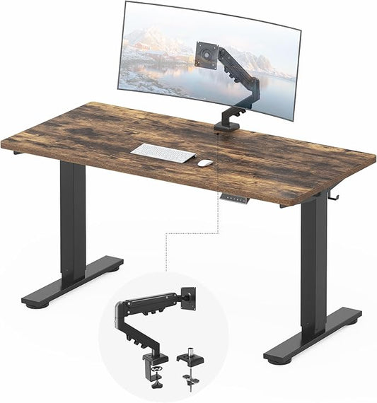 FLEXISPOT EN2 55''x28'' Standing Desk with Monitor Mount Bundle, 1" Thick One-Piece Desktop, Fully Adjustable Single Monitor Arm with Cable Management, Bundle for Office, Gaming & Study, Rustic Brown