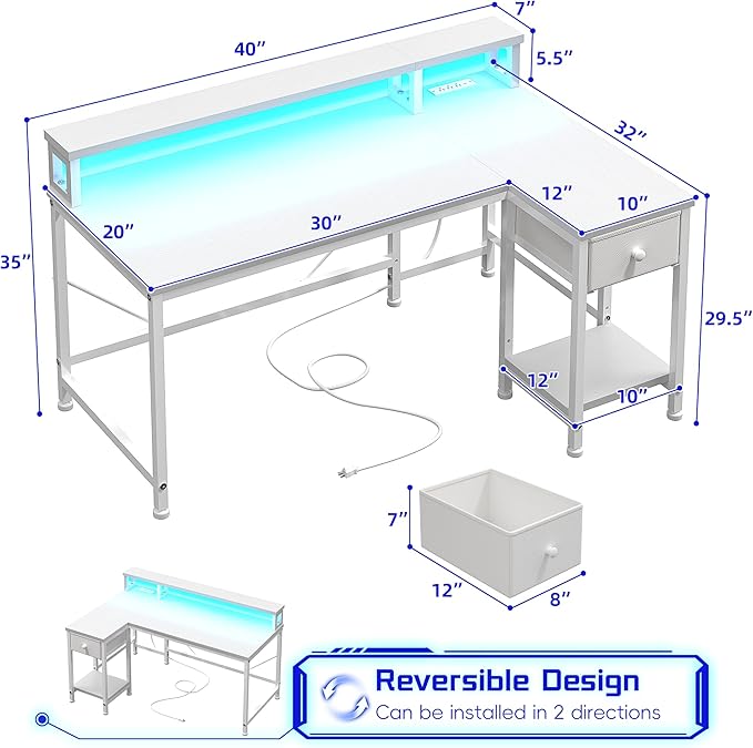 White Desk with Drawers, 40" L Shaped Computer Desk with Monitor Stand & LED Lights & Power Outlet for Small Room, Study Room, Bedroom, White