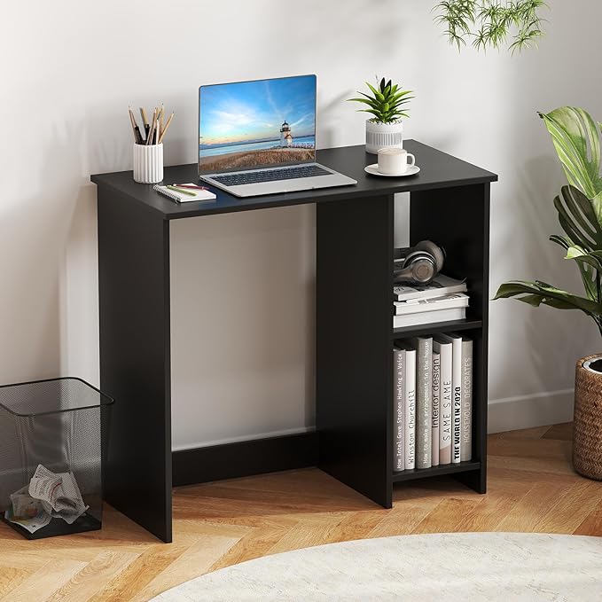Tangkula Small Desk with Shelves, Compact Desk for Small Space, Study Writing Table with 2 Tier Shelves, Modern Simple Style Laptop PC Table (Black)