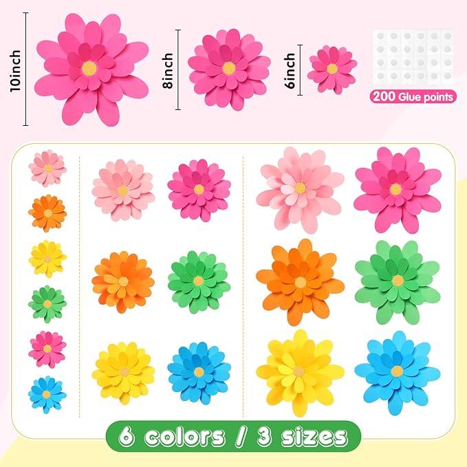 18 Pcs Paper Flowers Decorations for Wall DIY Flower Bulletin Board 3D Fiesta Paper Floral Backdrop Decoration for Photo Backdrop Classroom Back to School Party(Rainbow Color)