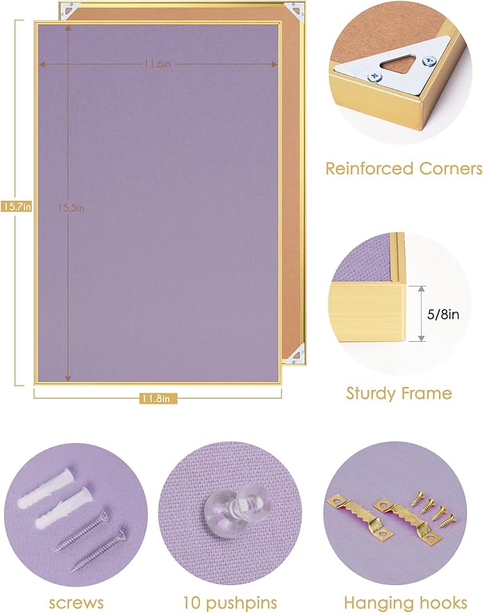 Bulletin Board 16 x 12 inches, Mystic Violet Pin Board, Golden Aluminum Framed Fabric Cork Board with 10 Push Pins