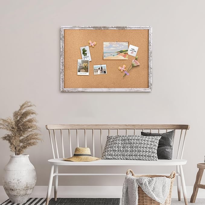 Cork Board Bulletin Board, 35.4x23.6 inches Decorative Hanging Framed Cork Boards for Walls, Pin Board Vision Board for School Home Office, Bulletin Board with Wooden Frame (6090,WH,1pc)