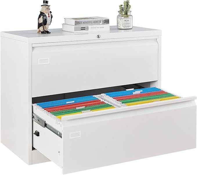2 Drawer Filing Cabinet, Black Lateral File Cabinet with Lock, Lockable Metal File Cabinet for Home Office, Office File Cabinets for Legal/Letter/A4/F4 Size with Hanging Files&Key (White(2 Drawer))