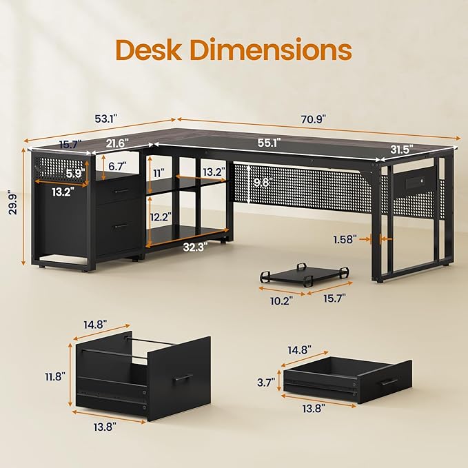 71 in Executive Desk with Power Outlets, Reversible L Shaped Computer Desk with File Drawers & Storage Shelves, Large Office Desk with Pegboard, Mobile CPU Stand, Modern Corner Desk (Grey)