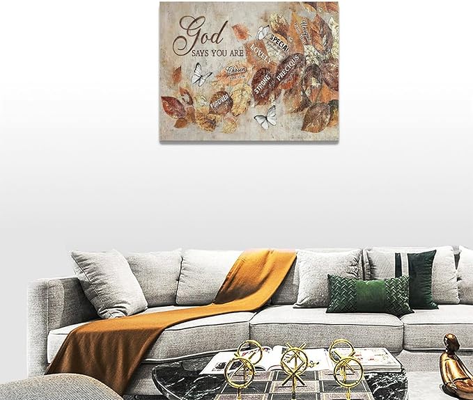 yerretin Fall Christian Leaves Wall Art Autumn Religious Pictures Wall Decor Rustic God Says Canvas Painting Modern Artwork Home Decoration for Living Room Bathroom Bedroom Office Framed 16"x12"