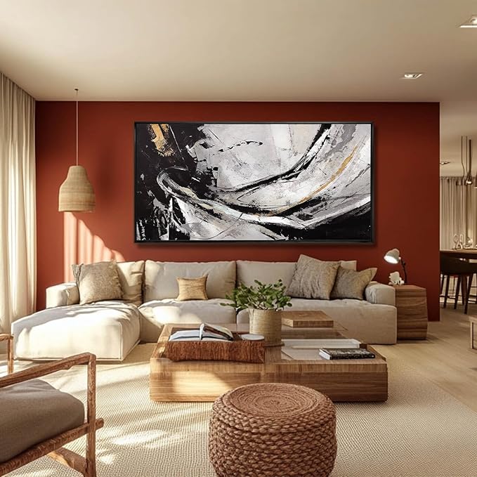 Home Decor Black and White Abstract Painting for Office Bedroom Decorations Framed Canvas Wall Prints Gold Pictures Wall Art for Home 29"x 58"