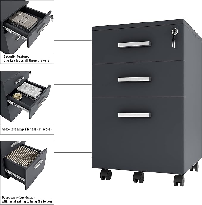 Modern Design Lazio Black File Cabinet, Filing Cabinets for Home Office, Drawers for Under Desk, Locking 3 Drawer Rolling Wood File Cabinet with Lock, by Crafts and Comfort