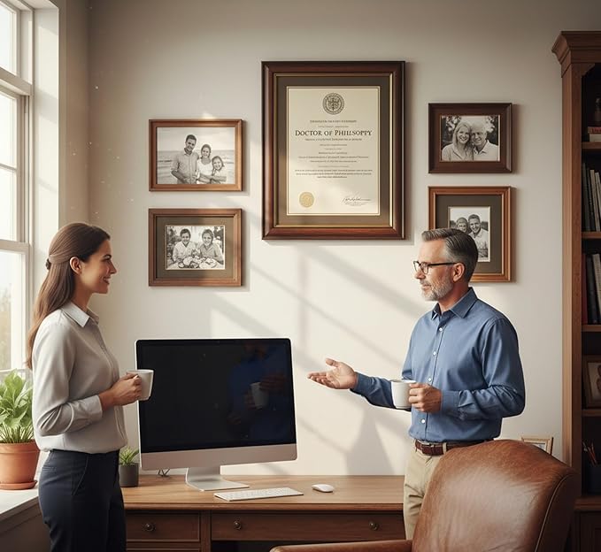 CountryArtHouse Diploma and Tassel Frame Fits 11 x 8.5 US Letter Certificate with Tassel Bright White Genuine Hardwood Shadowbox with Navy Blue Over Metallic Gold Double mat