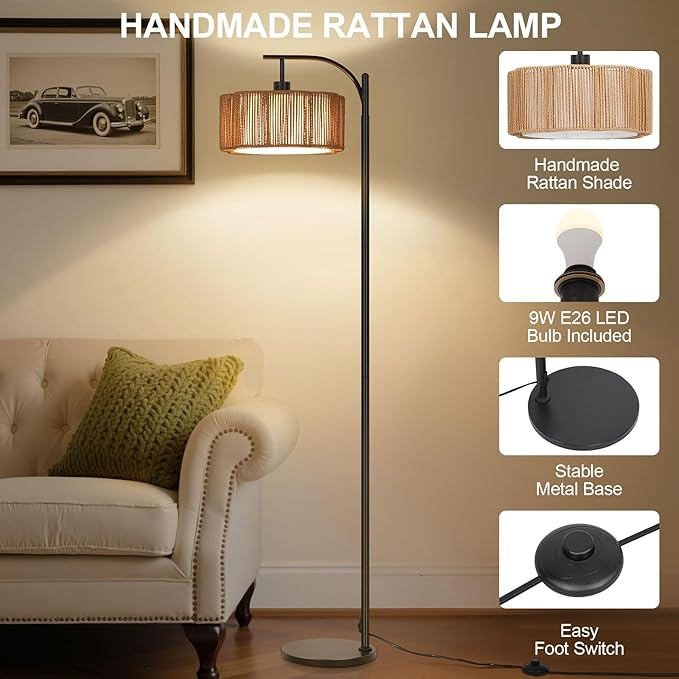 Boho Arc Floor Lamp for Living Room, Modern Rattan Floor Lamp with Foot Switch, Tall Lamp Dimmable 3 Colors Temperature LED Floor Lamps, Bohemian Black Standing Lamp for Bedroom Office