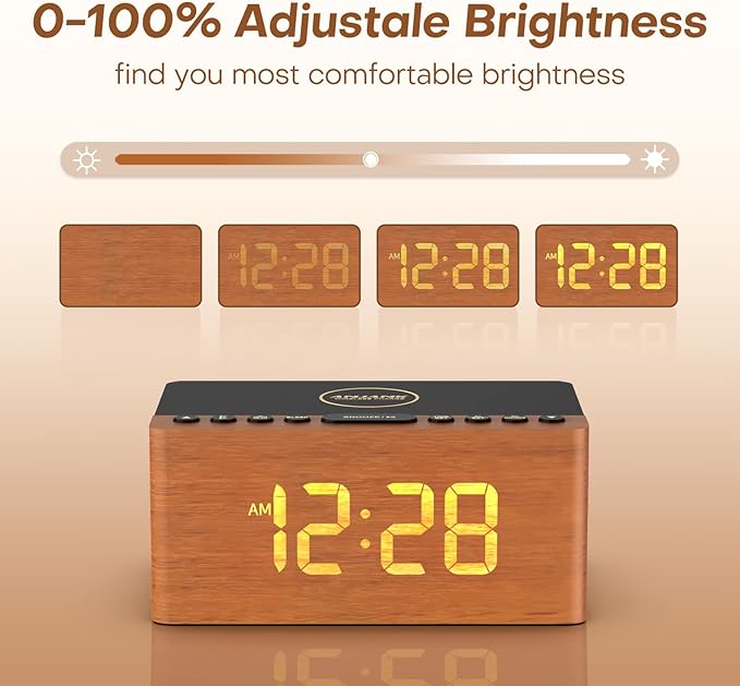 ANJANK Wooden Bluetooth Speaker, Alarm Clock with FM Radio, Qi Certified Fast Wireless Charging Station for iPhone/Samsung, USB Charger Port, Dimmable Display, Digital Wood Clock for Bedroom, Bedside