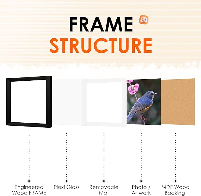 FIXSMITH 8x8 Picture Frames Set of 2, Photo Frame with HD Plexiglass, Display Pictures 4x4 with Mat or 8x8 Without Mat Multi Picture Frames Collage for Tabletop or Wall Display, Black