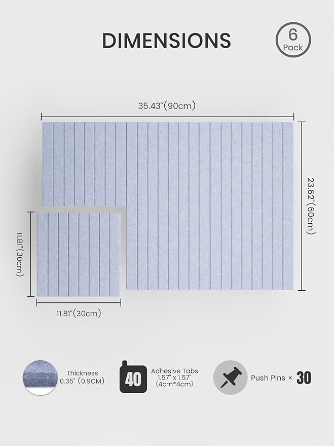 Bumusty Large Cork Board Alternative-36 x 24" Felt Bulletin Board Tiles, with 30 Pushpins, 40 Adhesive Tabs, 6-Pack Slat Wall Paneling, Cork Boards for Office Push Pin Board-Soft Periwinkle