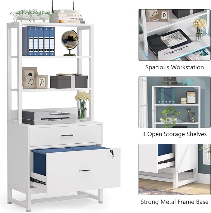 Tribesigns 2 Drawer Lateral File Cabinet with Lock, Letter Size Large Modern Filing Cabinet Printer Stand with Open Storage Shelves for Home Office, White