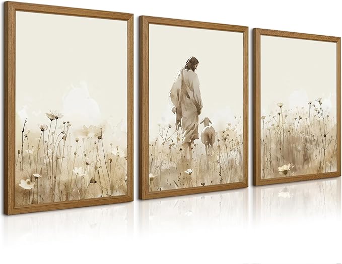 Jesus Leaves the 99 Sheep Wall Art Christian Canvas Poster Jesus and Lamb Wall Decor Religious Pictures Lost Sheep Painting God Christ Painting Artwork for Bedroom Living Room 12x16x3 Inch Wood Framed