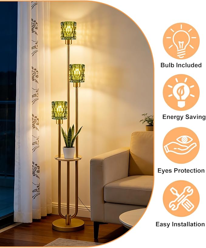 3-Light Modern Glass Floor Lamp with Shelf, Gold Tall Standing Lamp with Green Flower Glass Shade, Industrial LED Floor Lamp with Foot Switch for Living Room Bedroom Home Decor, Bulb Included