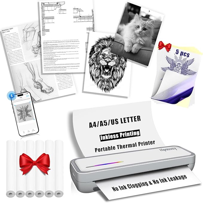 Portable Thermal Wireless Printers for Home Use, Inkless-Bluetooth-Printer Support for A4 Size Compatible with iOS, Android & Laptop for Tattoo,Travel,Office（White with 6Rolls Thermal Paper