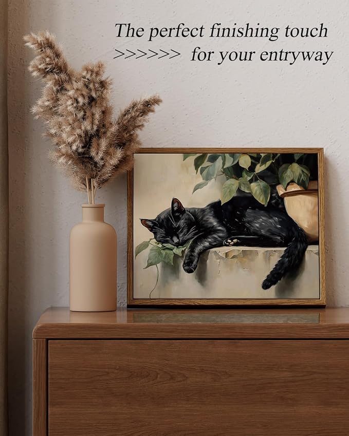 ARPEOTCY Vintage Framed Canvas Wall Art, Sleeping Black Cat Wall Decor, Cute Animal Prints Rustic Aesthetic Home Decor for Living room Bedroom Bathroom 8x10 inch