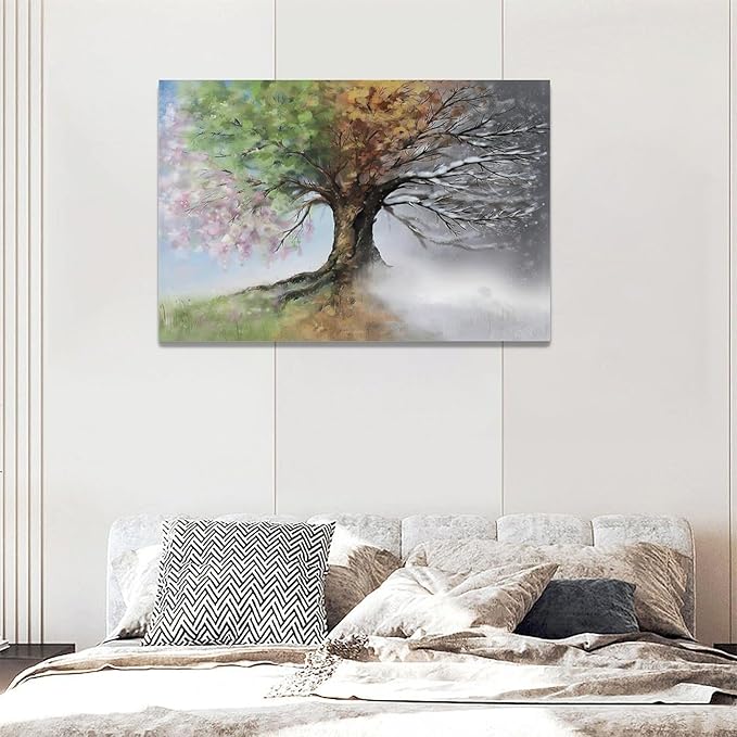Tree of Life Wall Art Four Season Trees Pictures Decor Rustic Nature Canvas Country Painting Modern Artwork Home Decorations for Bathroom Living Room Bedroom Office Framed 24"x16"