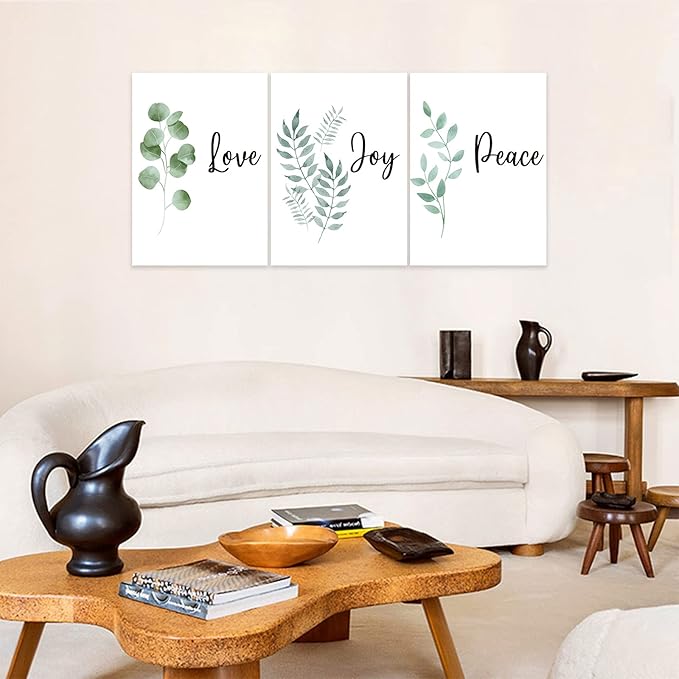 3 Piece Inspirational Wall Art, White Plants Background Picture, Quotes "Love Joy Peace" Canvas Print for Bedroom Decor, Triptych Entrepreneur Painting Framed Artwork for Gym Wall Decor (36"Wx24" H)