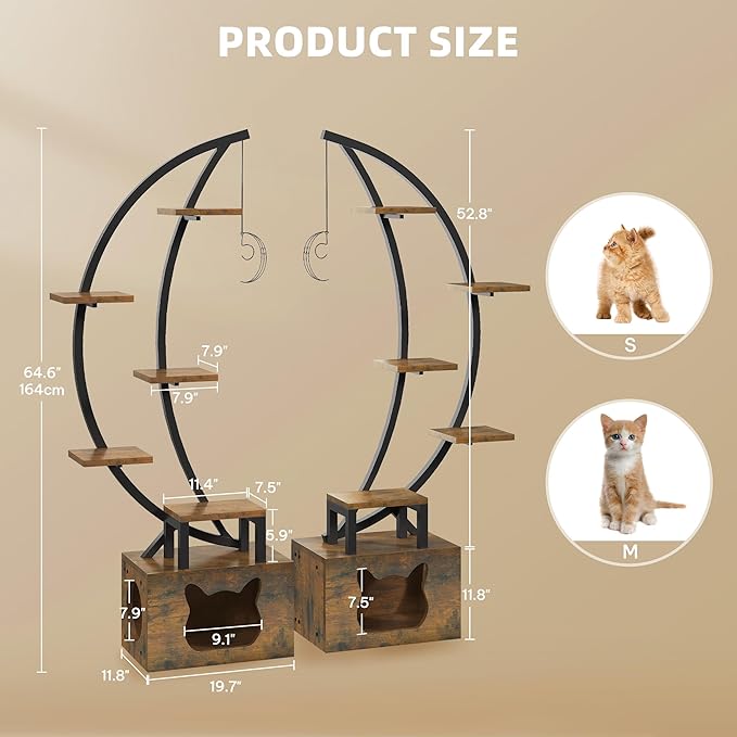 DWVO Tall Bookshelf with LED Light, Artistically Designed Moon Arched Bookcase with Cats Litter Box,10-Tier Bookcase Corner Display Shelf for Home Office, Bedroom