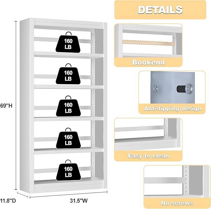 5 Tier Metal Bookcase,69'' Tall Heavy Duty Bookshelf with Open,White Large Adjustable Bookshelves,Sturdy Modern Heavy Duty Display Bookcases for Library,Office,Study Room,Living Room
