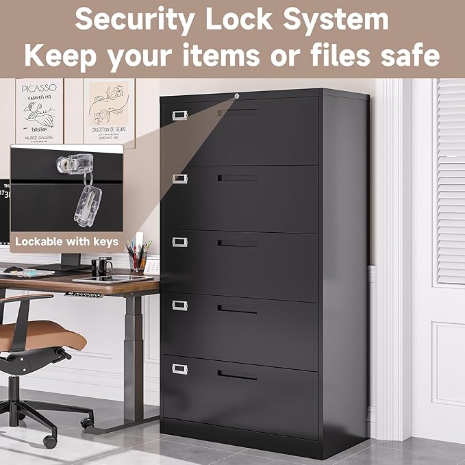 5 Drawer Lateral File Cabinet with Lock, Metal Filing Cabinets for Home Office, Wide Locking File Caninets, Black Office Storage Cabnet for Hanging Letter/Legal / A4 / F4 - Assembly Required