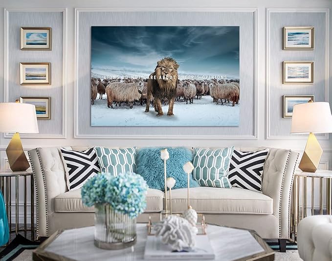 Lion Do Not Care About Sheep's Opinions-Motivational Successful Entrepreneur Quotes Wall Art Inspiring Office Decor for Walls Lion and Sheeps Artwork for Office Framed Easy to Hang, 44" Wx28 H