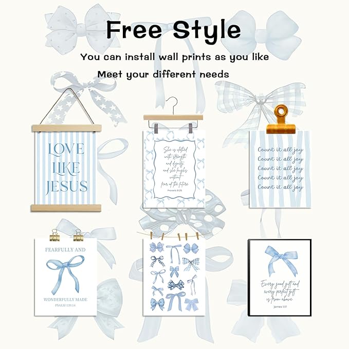 Blue Bows Jesus Bible Canvas Wall Art Set of 9, Coquette Trendy Preppy Aesthetic Girl Posters Prints Wall Decor, Christian scripture Lovers Gifts for Home Decor Living Room Bedroom 8x10In Unframed