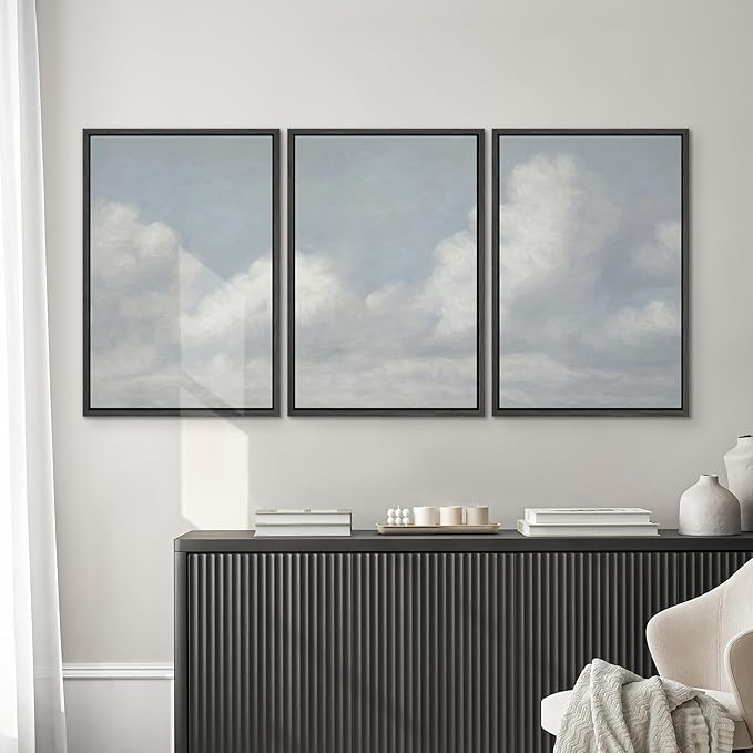 SIGNWIN Framed Canvas Print Wall Art Set Soft Sky and Clouds Minimalist Blue and White Cloudscape Illustrations Modern Art Decorative for Living Room, Bedroom, Office - 24"x36"x3 Black